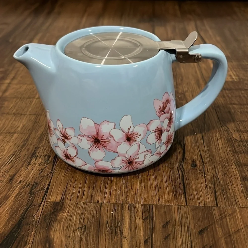 Alfred Ceramic and Stainless Steel Teapot 20 oz Blue Pink Floral Cherry Blossom - Picture 3 of 10